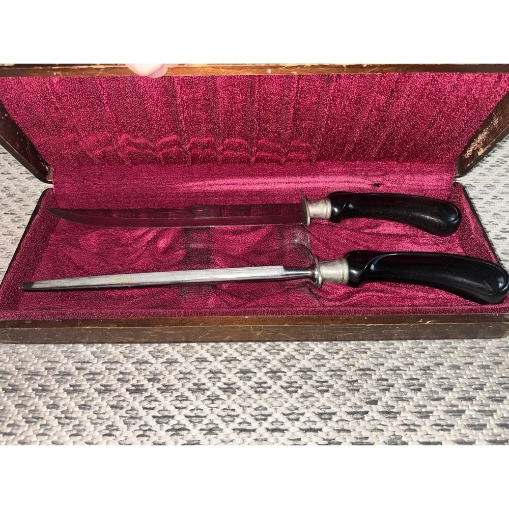 Vintage Ekco Flint Hollow Ground 2-Piece Carving Set Wood Box FUC Culinary Tools